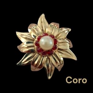 VINTAGE Coro Gold Tone Floral Brooch With Red Crystals And Faux Pearl